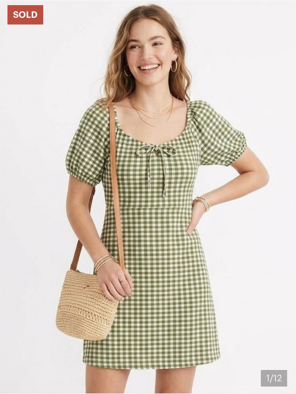 NWOT Madewell Green Gingham Puff-Sleeve Mini Dress
